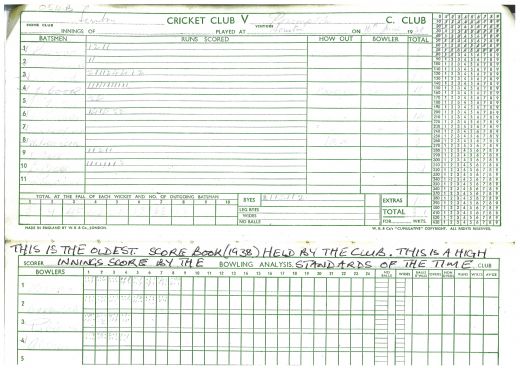 Cricket Score book 1938