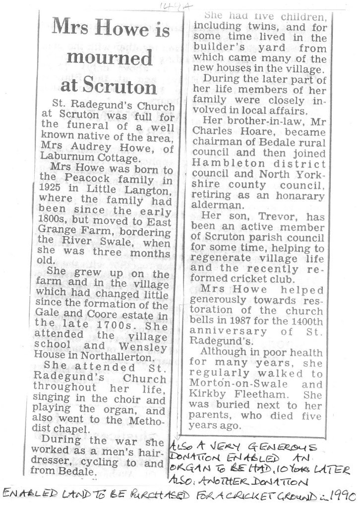 Newspaper article - Mrs Hoare is mourned at Scruton